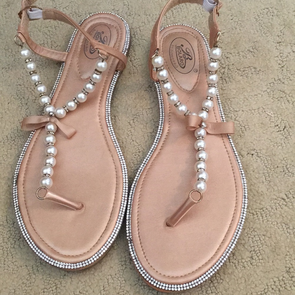 Neutral pearl and rhinestone flats/sandals